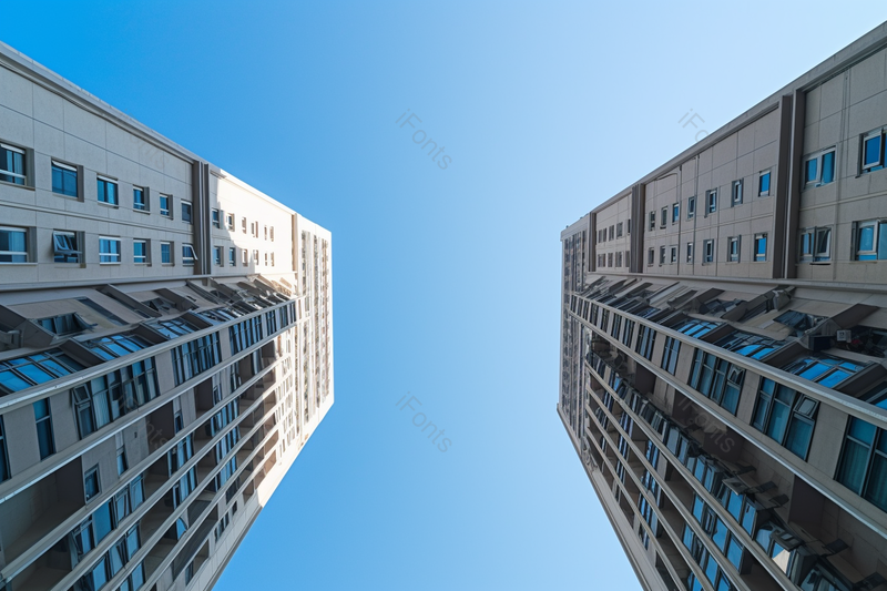 天气晴朗蓝色天空下的现代都市城市高楼大厦房屋建筑外围仰拍视角图像摄影,高清,摄影图,摄影图片,图片大全,摄影图免费下载